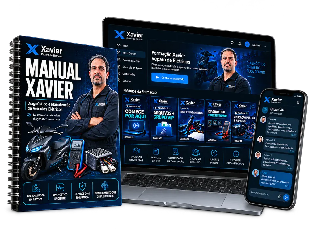 Manual Xavier, area de membros no notebook e Grupo VIP no celular